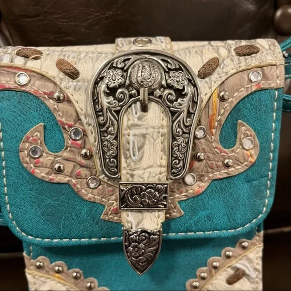 Crossbody purse turquoise/white/taupe - Picture 2 of 6